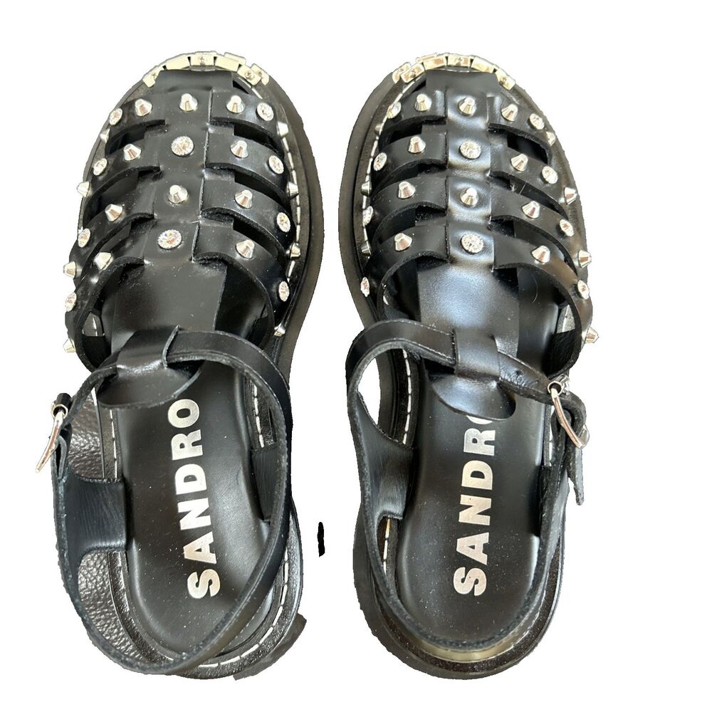 Sandro Olys Studded Leather Caged Fisherman Sandals Black Rhinestone Sz 39/US8.5 - Picture 4 of 11